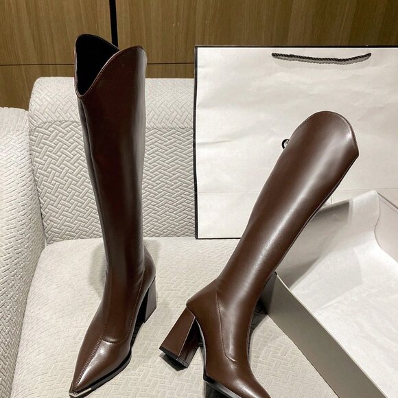 Brown Elegant Women's High Heels Over Knee Boots - Picture 2 of 6